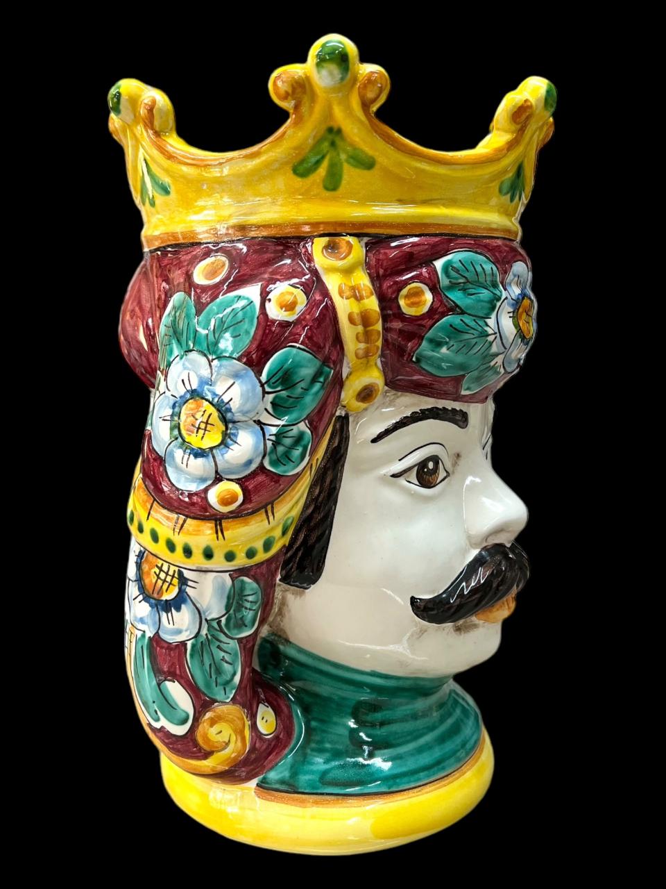 Coppia Teste di moro bordeaux classiche con corona decoro floreale Produzione artigianale  di Caltagirone h.32cm