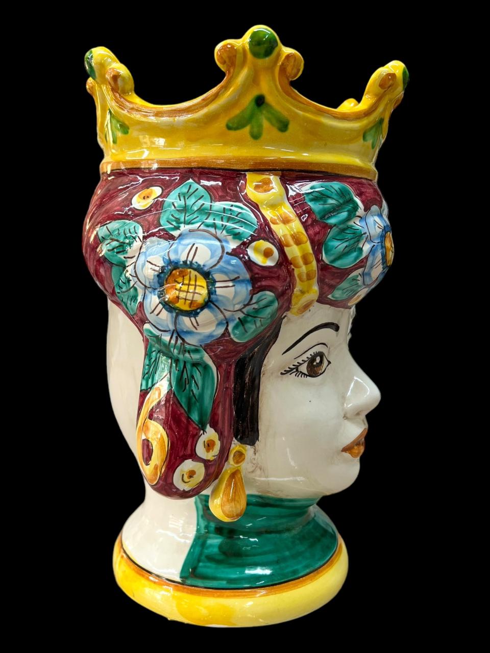 Coppia Teste di moro bordeaux classiche con corona decoro floreale Produzione artigianale  di Caltagirone h.32cm