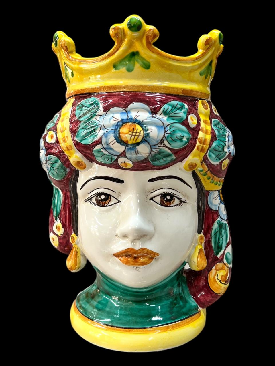 Coppia Teste di moro bordeaux classiche con corona decoro floreale Produzione artigianale  di Caltagirone h.32cm