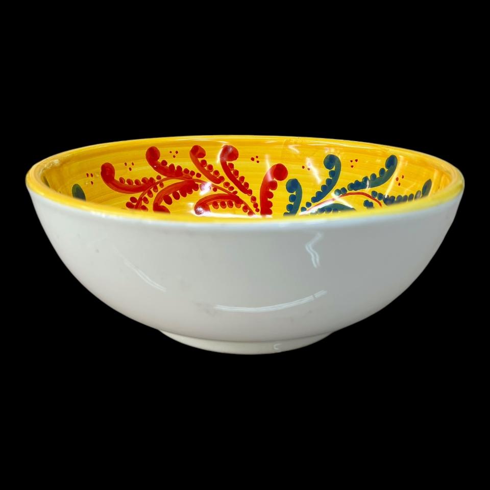 Ciotola centrotavola in ceramica siciliana decoro moderno floreale verde giallo e rosso Produzione artigianale di Santo Stefano di Camastra Diametro 20cm