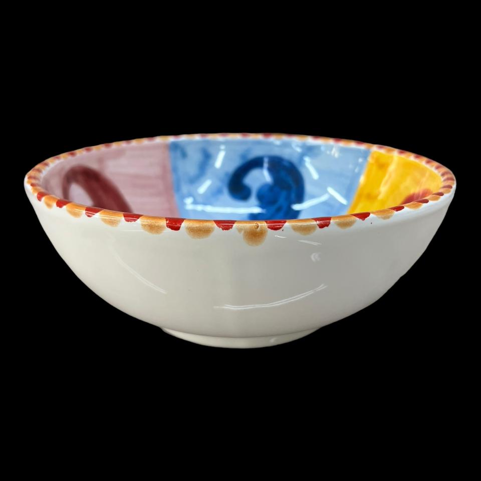 Ciotola centrotavola in ceramica siciliana decoro multicolor moderno blu rosso giallo e verde Produzione artigianale di Santo Stefano di Camastra Diametro 20cm