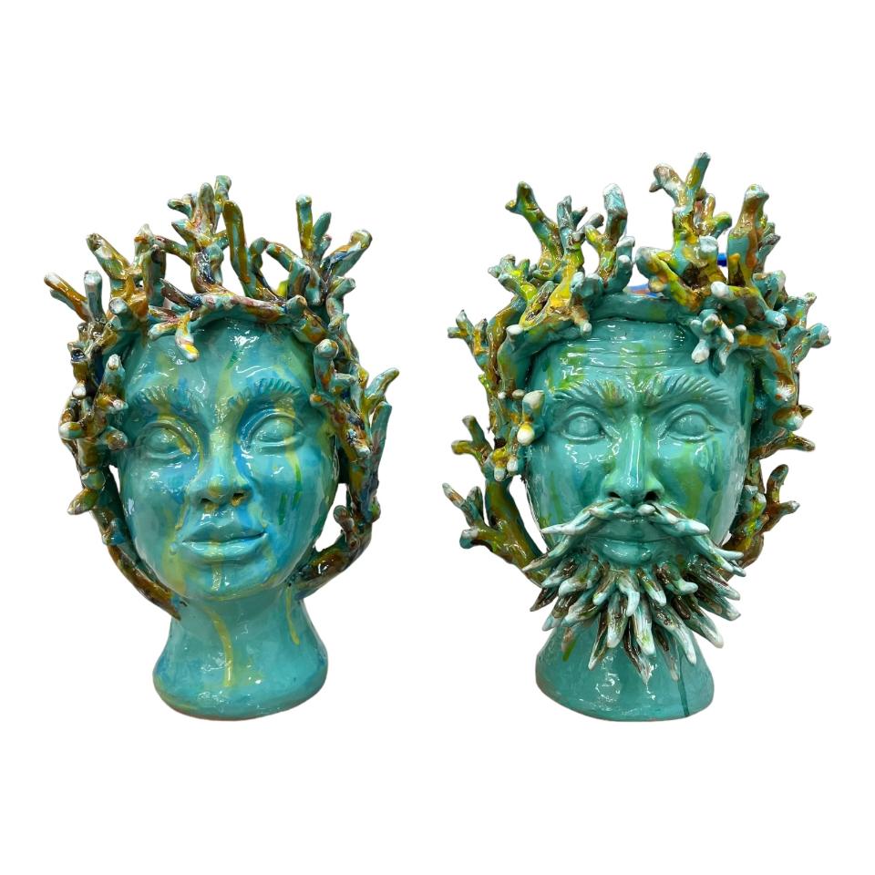 Testa di moro collezione I Miti modello Tritone e Sirena decoro azzurro Produzione artigianale di Palermo h.30cm