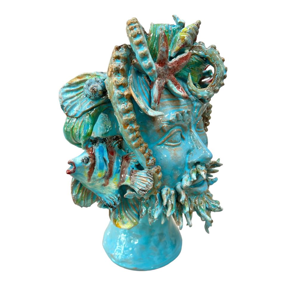 Testa di moro collezione I Miti modello Nettuno e Sirena decoro azzuro Produzione artigianale di Palermo h.30cm