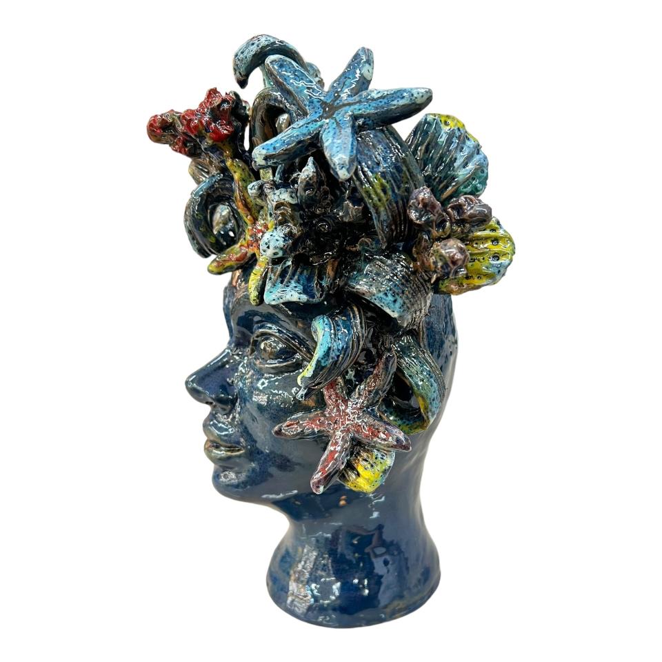 Testa di moro collezione I Miti modello Sirena decoro blu Produzione artigianale di Palermo h.30 cm