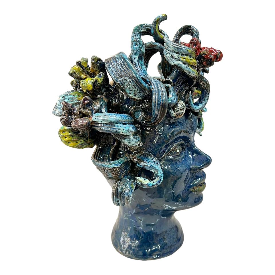 Testa di moro collezione I Miti modello Sirena decoro blu Produzione artigianale di Palermo h.30 cm