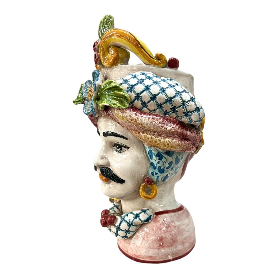Teste di Moro con corona e turbante decoro floreale blu e bordeaux Produzione artigianale di Caltagirone h.30cm