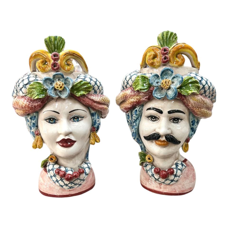 Teste di Moro con corona e turbante decoro floreale blu e bordeaux Produzione artigianale di Caltagirone h.30cm