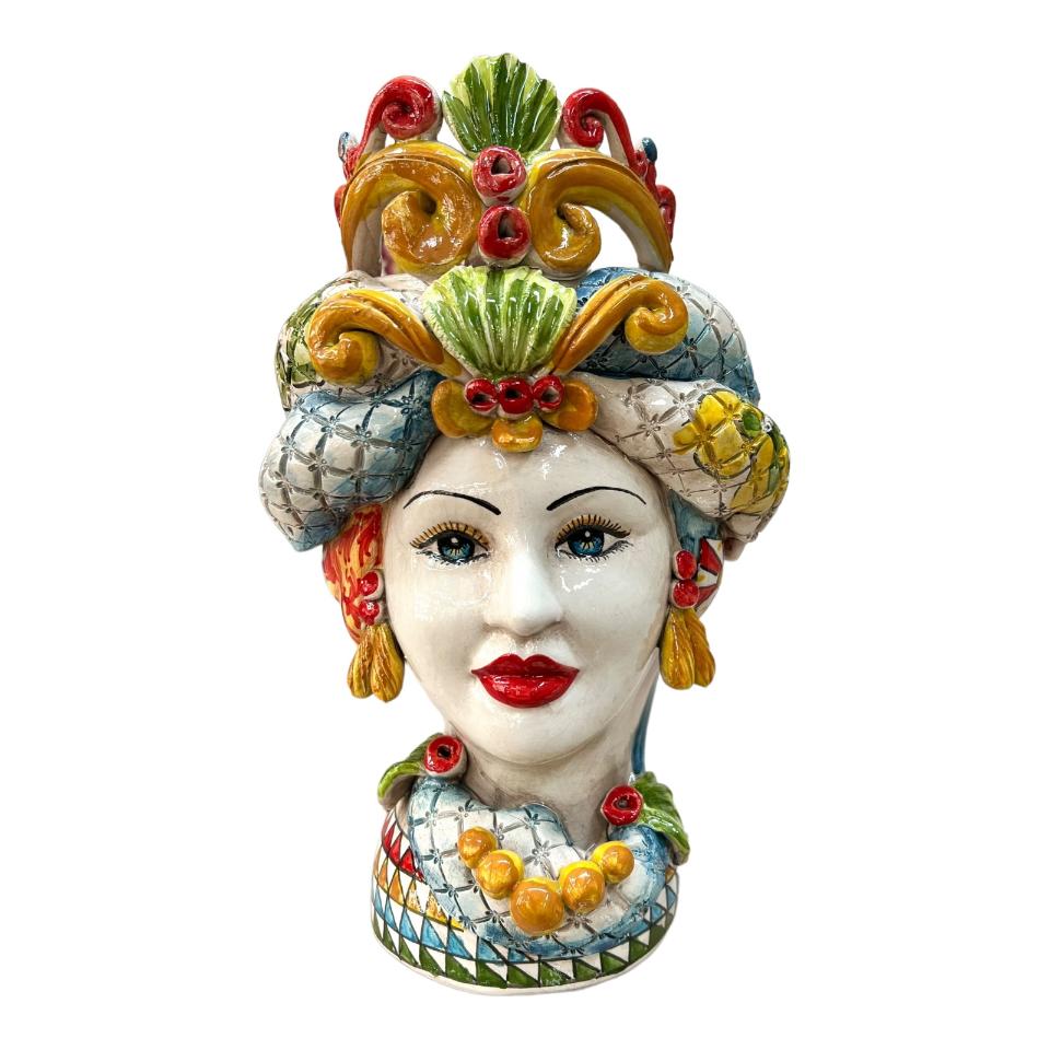 Teste di Moro con corona e turbante decoro siciliano con limoni e fichi d'india Produzione artigianale di Caltagirone h.30cm