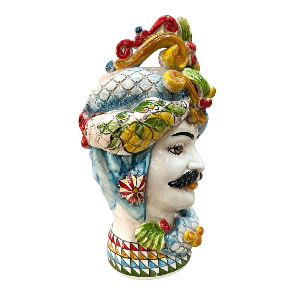 Teste di Moro con corona e turbante decoro siciliano con limoni e fichi d'india Produzione artigianale di Caltagirone h.30cm