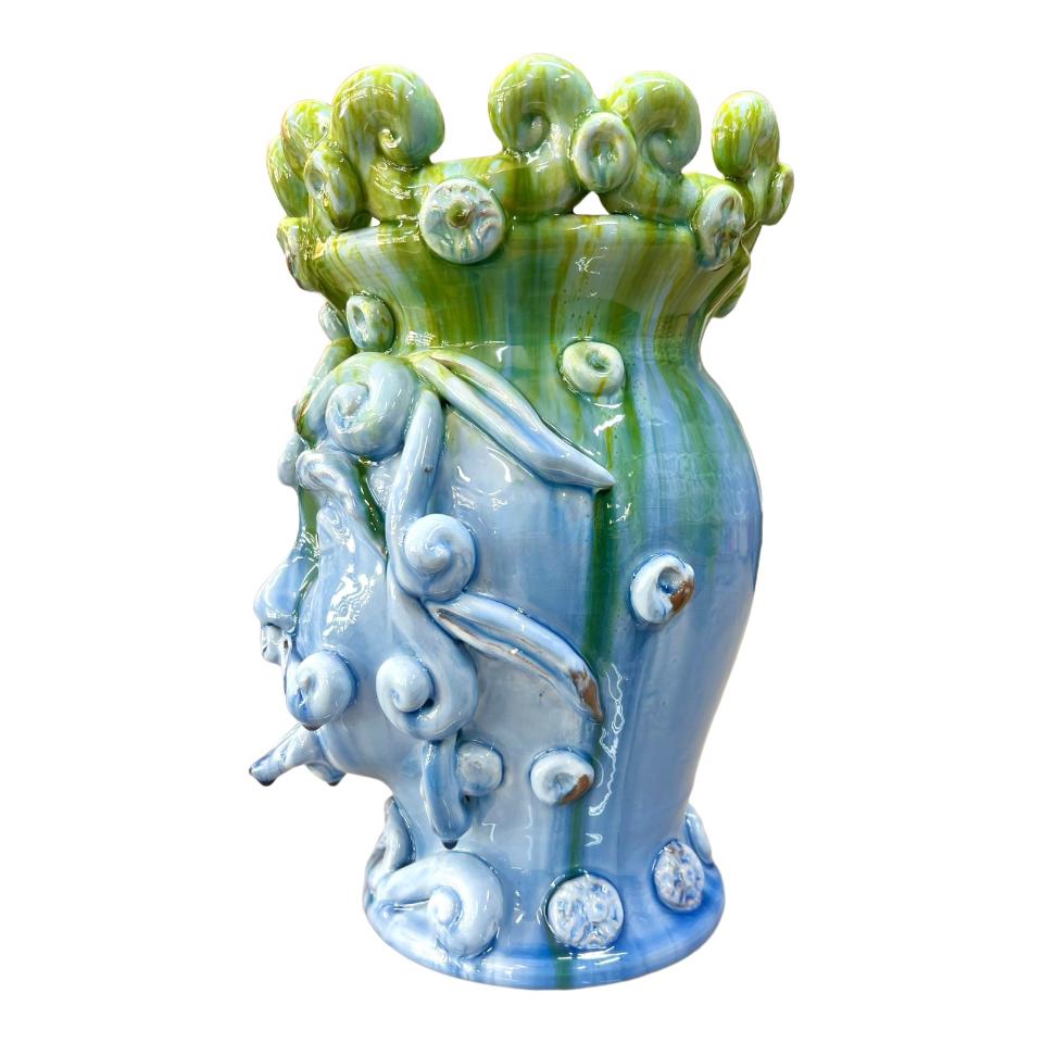 Testa di moro Carlo Magno modello Kaleido decoro azzurro e verde Produzione artigianale Santo Stefano di Camastra h.35cm