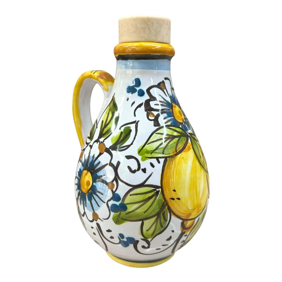 Oliera con manico in ceramica siciliana decoro con limoni Produzione artigianale di Caltagirone h.15cm