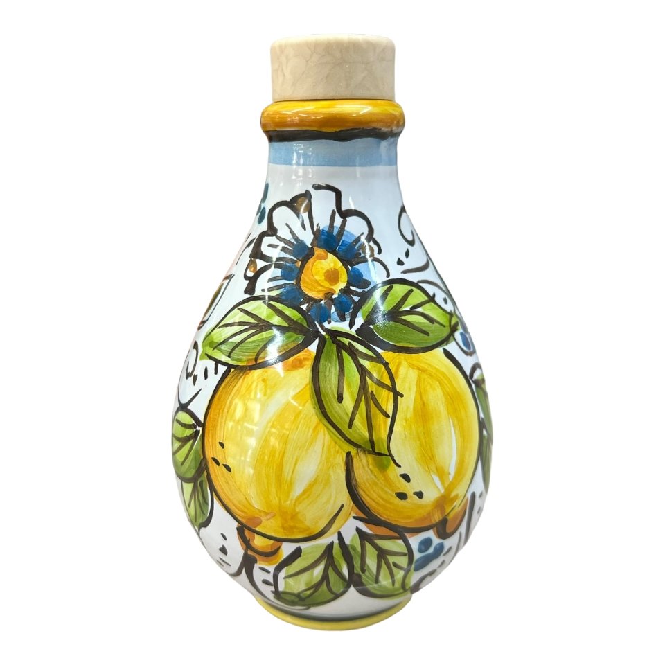 Oliera con manico in ceramica siciliana decoro con limoni Produzione artigianale di Caltagirone h.15cm