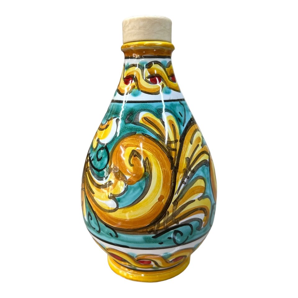 Oliera in ceramica siciliana decoro ornato barocco giallo e verde Produzione artigianale di Caltagirone h.15cm
