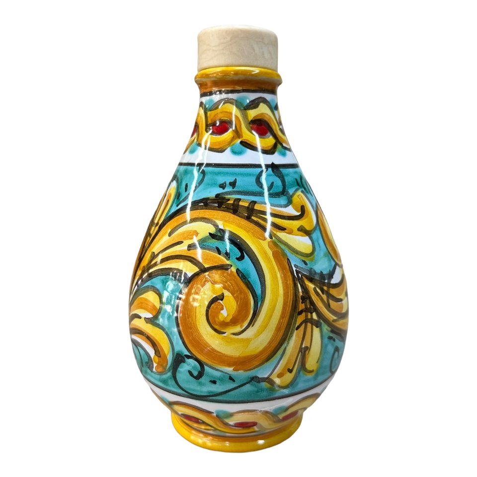 Oliera in ceramica siciliana decoro ornato barocco giallo e verde Produzione artigianale di Caltagirone h.15cm