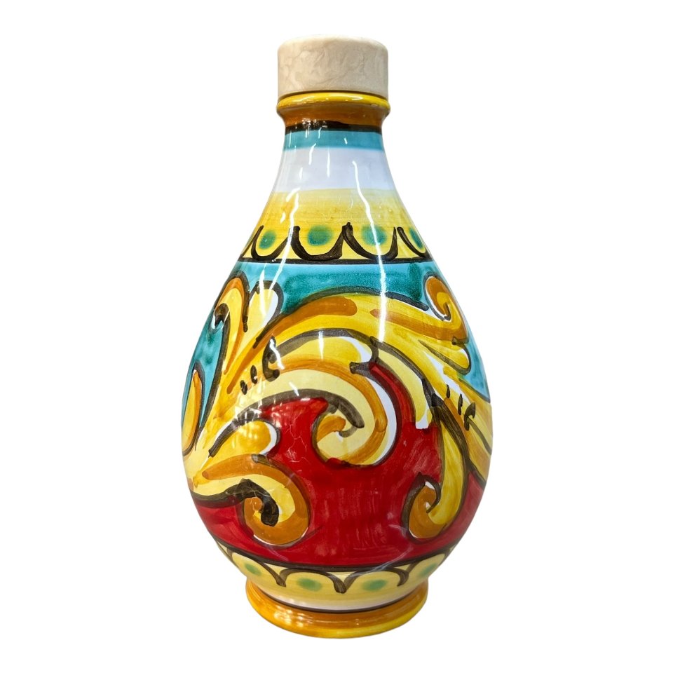 Oliera in ceramica siciliana decoro ornato barocco giallo, rosso e verde Produzione artigianale di Caltagirone h.15cm