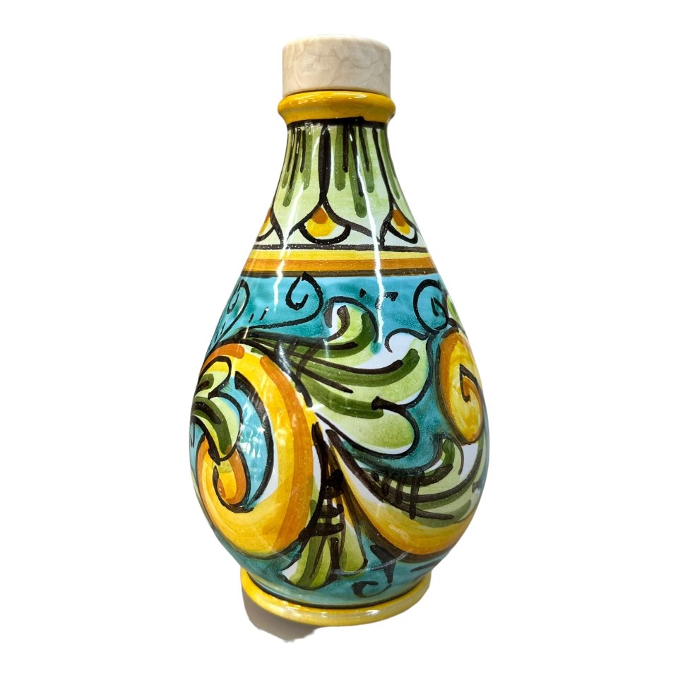 Oliera in ceramica siciliana decoro ornato barocco giallo e verde Produzione artigianale di Caltagirone h.15cm