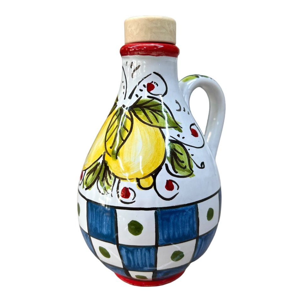 Oliera con manico in ceramica siciliana decoro carretto con limoni Produzione artigianale di Caltagirone h.15cm