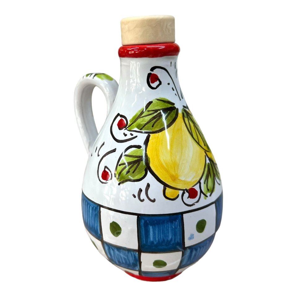 Oliera con manico in ceramica siciliana decoro carretto con limoni Produzione artigianale di Caltagirone h.15cm