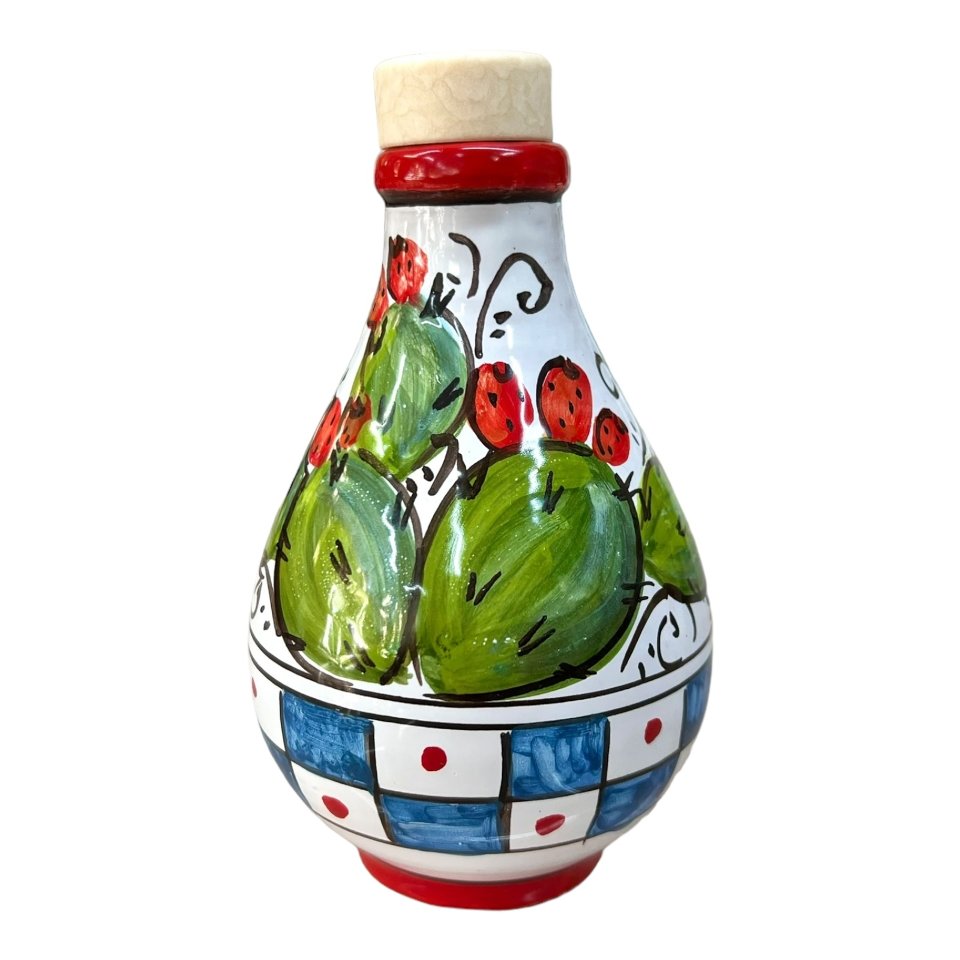 Oliera con manico in ceramica siciliana con fichi d'india Produzione artigianale di Caltagirone h.15cm