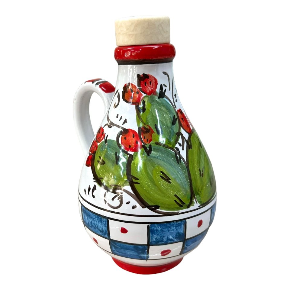 Oliera con manico in ceramica siciliana con fichi d'india Produzione artigianale di Caltagirone h.15cm