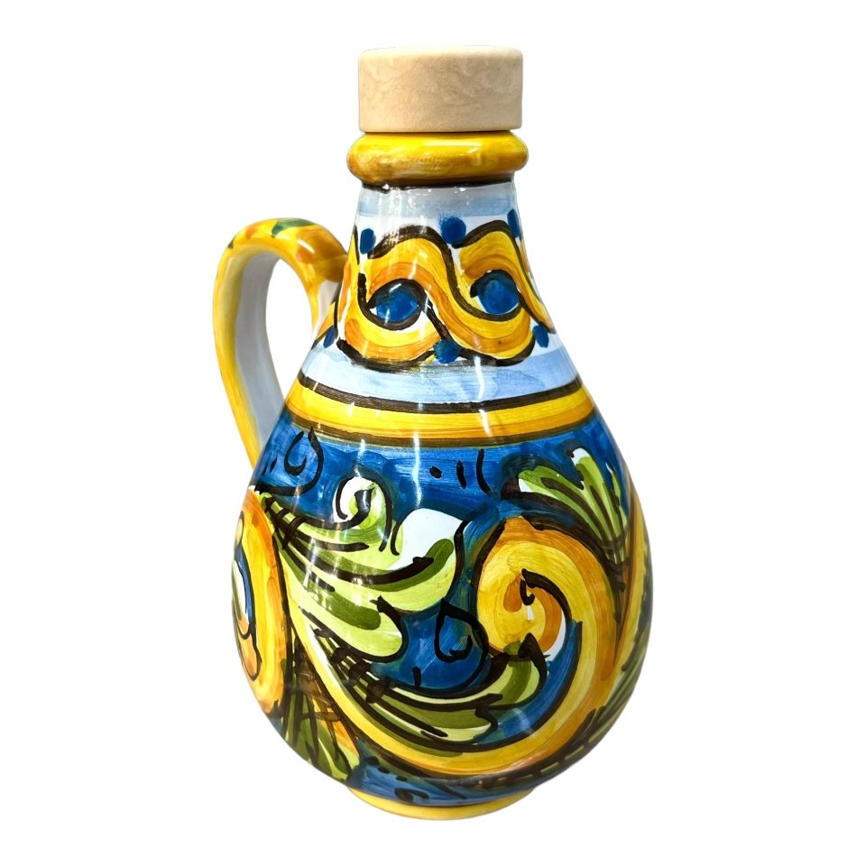 Oliera con manico in ceramica siciliana decoro ornato barocco giallo, verde e blu Produzione artigianale di Caltagirone h.15cm