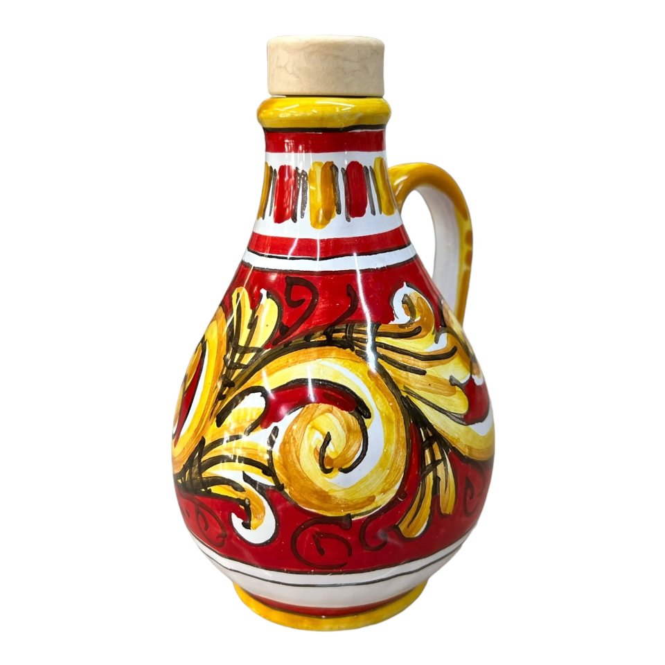 Oliera con manico in ceramica siciliana decoro ornato giallo e rosso Produzione artigianale di Caltagirone h.15cm