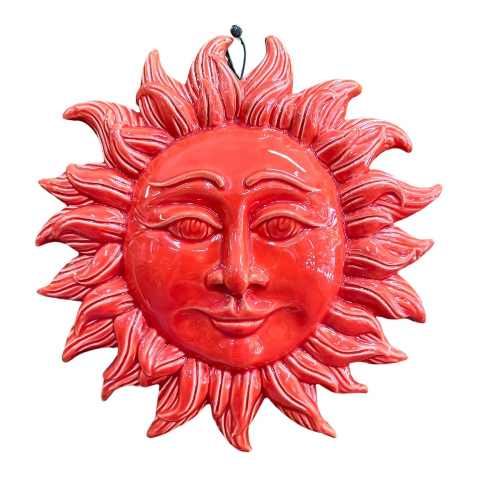 Sole da parete in ceramica siciliana decoro rosso fuoco Produzione artigianale  di Caltagirone Diametro 30cm