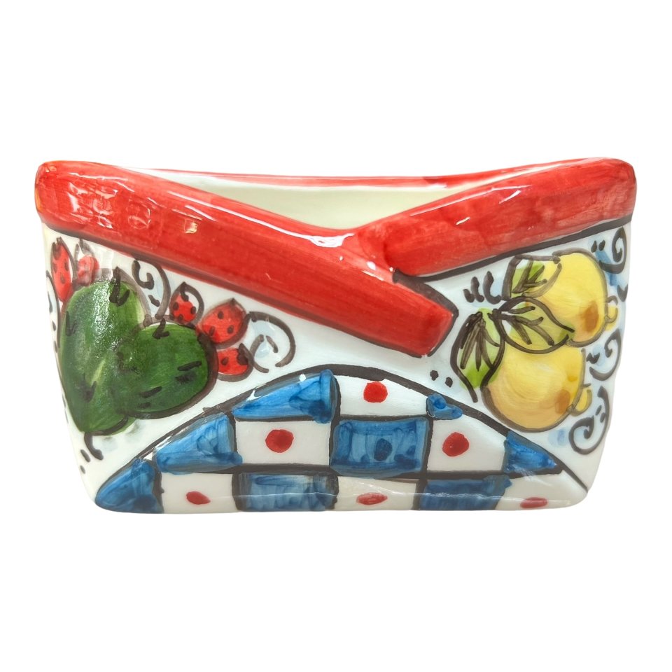 Porta biglietti da visitia in ceramica siciliana decoro carretto con limoni e fichi d'india Produzione artigianale  di Caltagirone Lunghezza 12cm