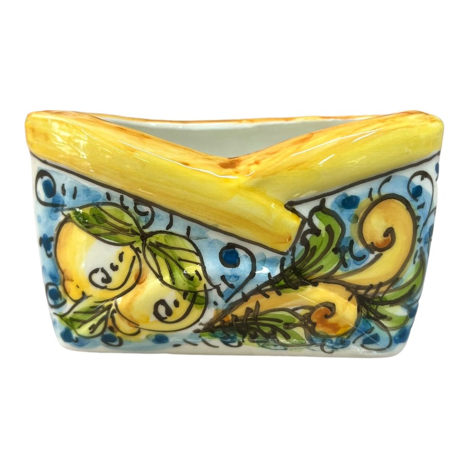 Porta biglietti da visitia in ceramica siciliana decoro ornato con limoni Produzione artigianale  di Caltagirone Lunghezza 12cm