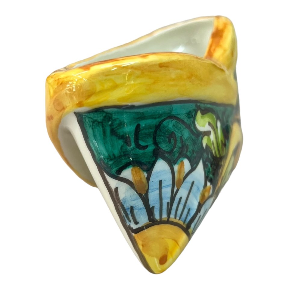 Porta biglietti da visitia in ceramica siciliana decoro ornato giallo con fondo verde Produzione artigianale  di Caltagirone Lunghezza 12cm