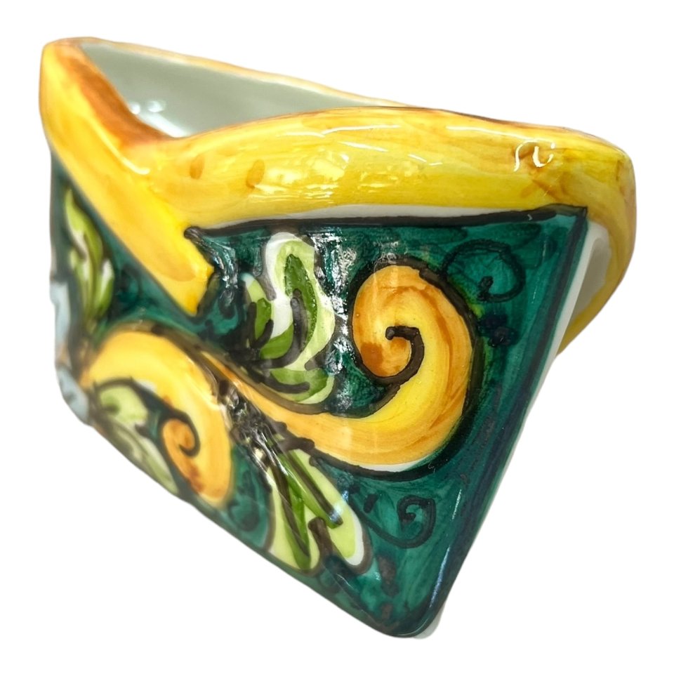 Porta biglietti da visitia in ceramica siciliana decoro ornato giallo con fondo verde Produzione artigianale  di Caltagirone Lunghezza 12cm