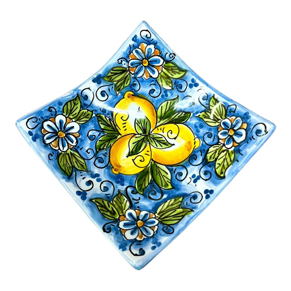 Svuota tasche/Porta caramelle in ceramica siciliana decoro floreale blu con limoni Produzione artigianale di Caltagirone Lunghezza 25cm