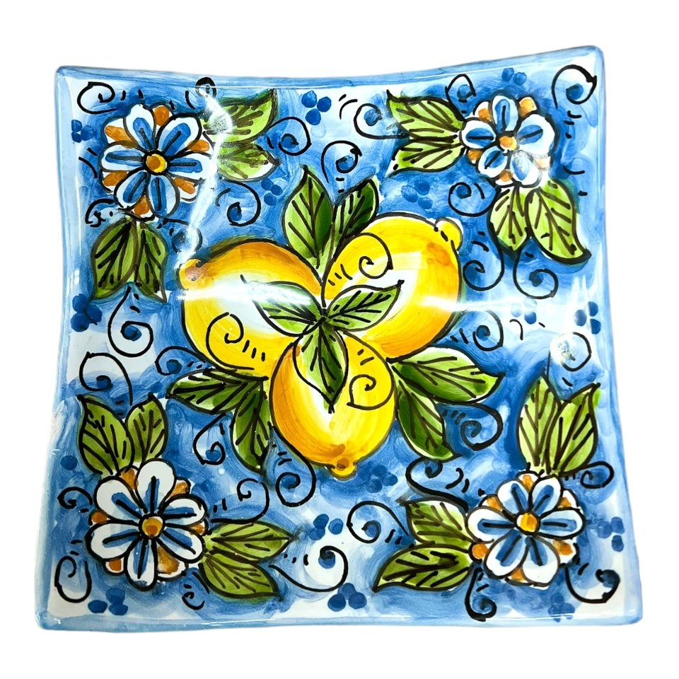 Svuota tasche/Porta caramelle in ceramica siciliana decoro floreale blu con limoni Produzione artigianale di Caltagirone Lunghezza 25cm
