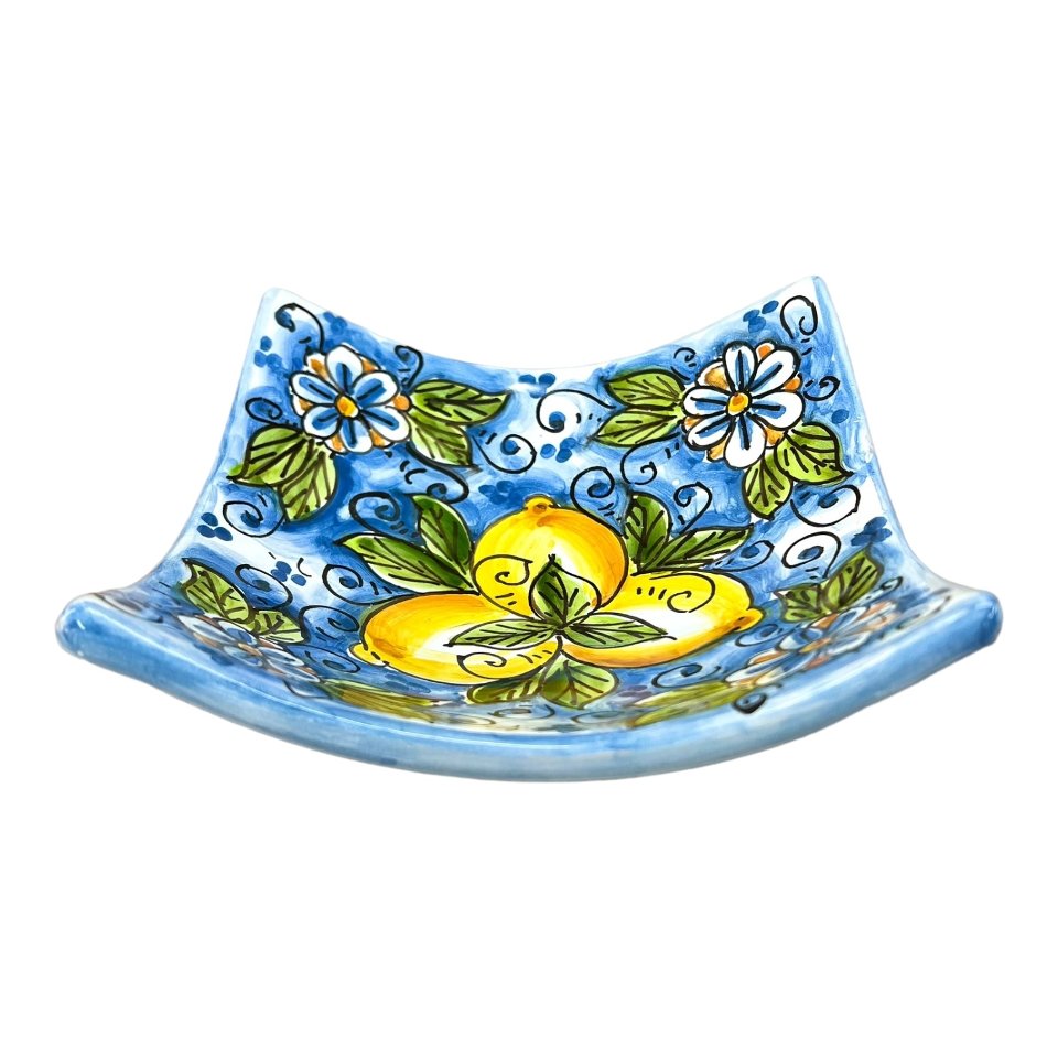 Svuota tasche/Porta caramelle in ceramica siciliana decoro floreale blu con limoni Produzione artigianale di Caltagirone Lunghezza 25cm