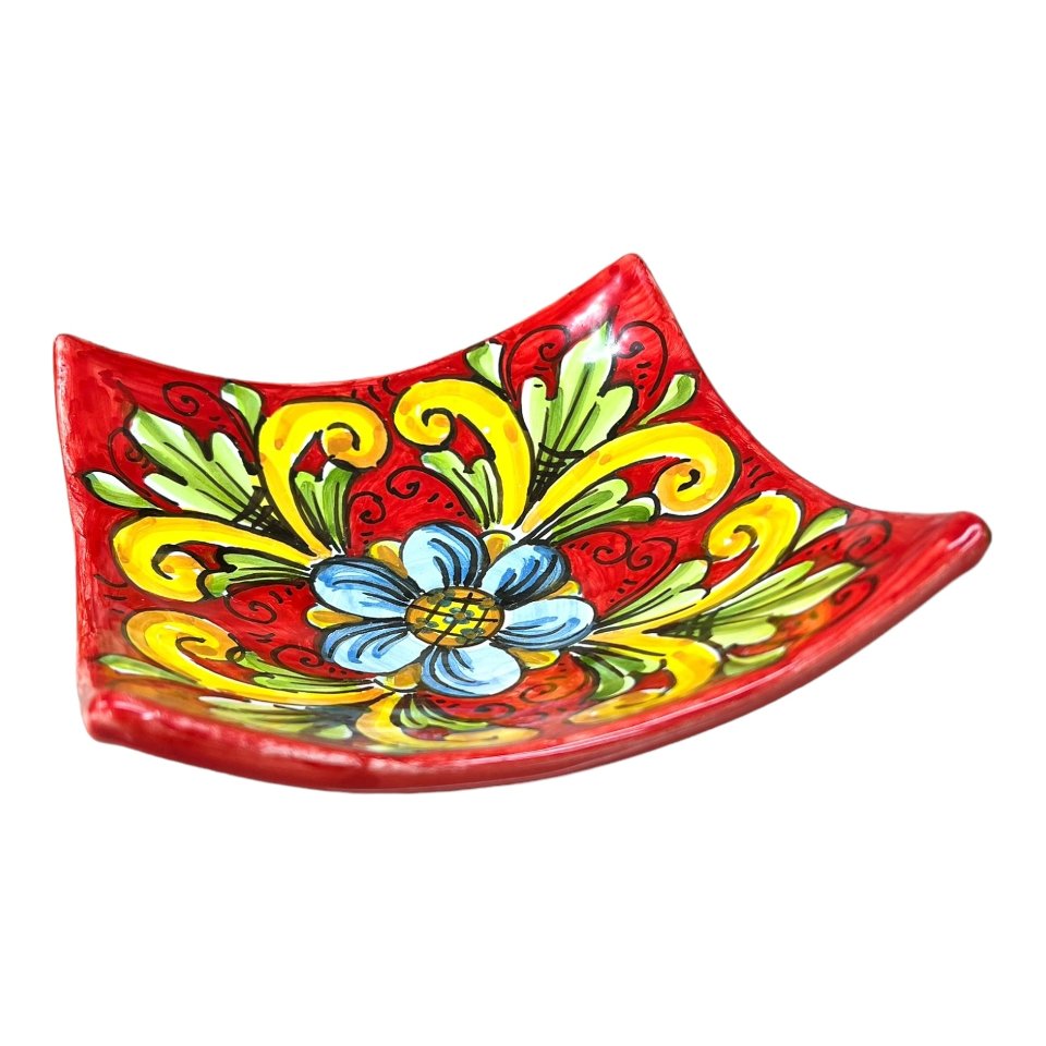 Svuota tasche/Porta caramelle in ceramica siciliana decoro ornato giallo su fondo rosso Produzione artigianale  di Caltagirone Lunghezza 25cm