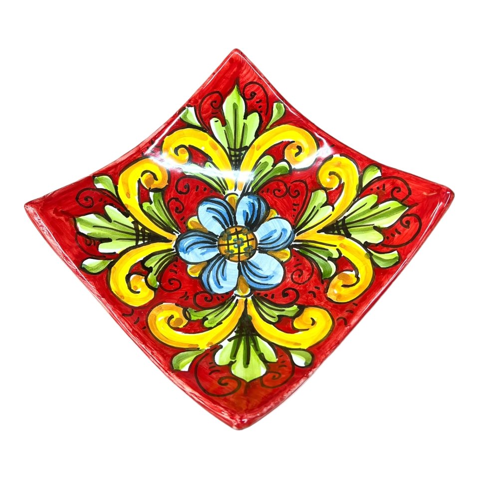 Svuota tasche/Porta caramelle in ceramica siciliana decoro ornato giallo su fondo rosso Produzione artigianale  di Caltagirone Lunghezza 25cm