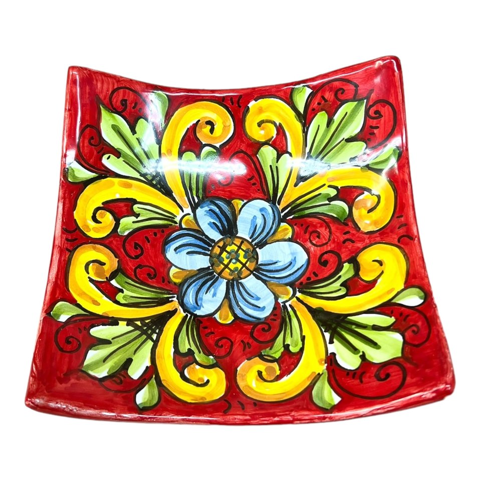 Svuota tasche/Porta caramelle in ceramica siciliana decoro ornato giallo su fondo rosso Produzione artigianale  di Caltagirone Lunghezza 25cm