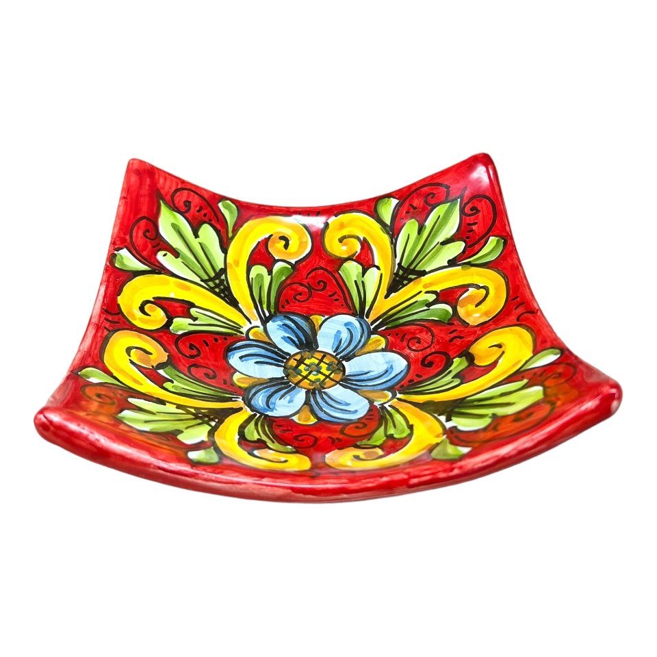 Svuota tasche/Porta caramelle in ceramica siciliana decoro ornato giallo su fondo rosso Produzione artigianale  di Caltagirone Lunghezza 25cm