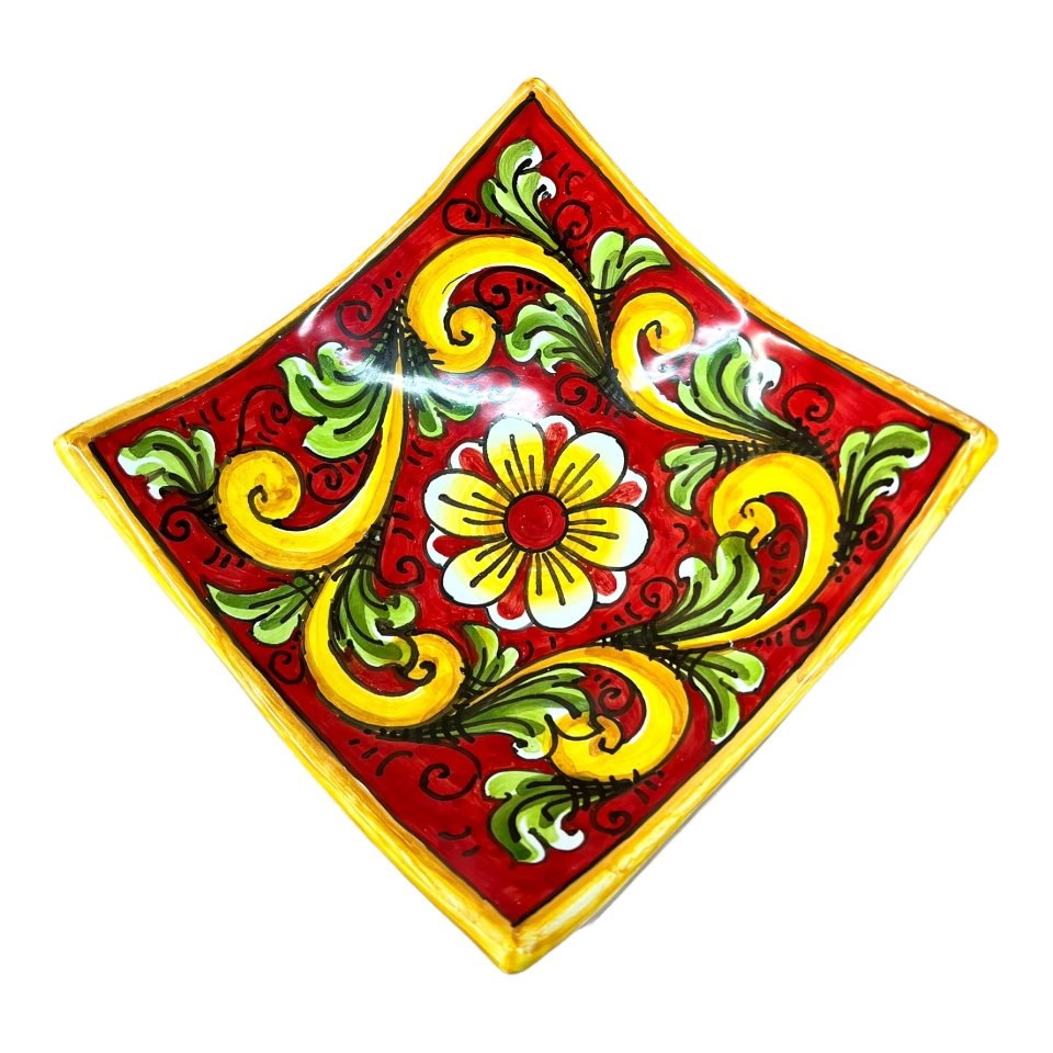 Svuota tasche/Porta caramelle in ceramica siciliana decoro ornato floreale giallo su fondo rosso Produzione artigianale di Caltagirone Lunghezza 25cm