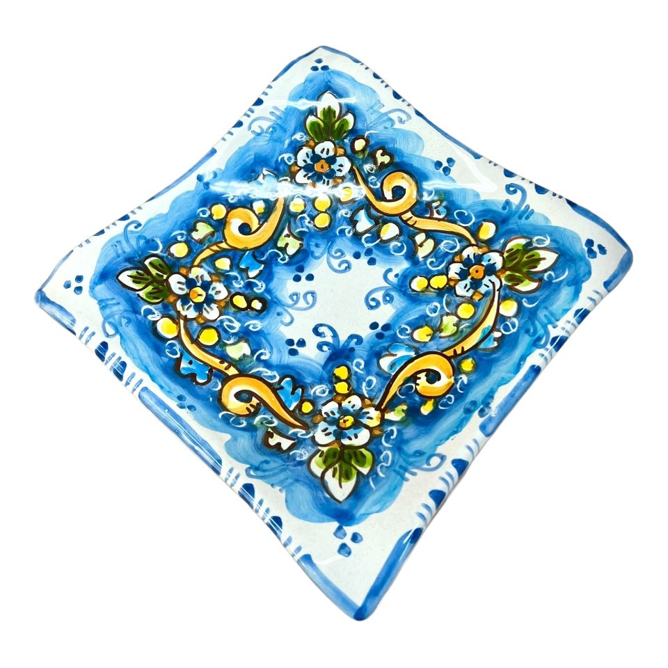 Svuota tasche/Porta caramelle in ceramica siciliana decoro floreale azzurro Produzione artigianale  di Caltagirone Lunghezza 25cm