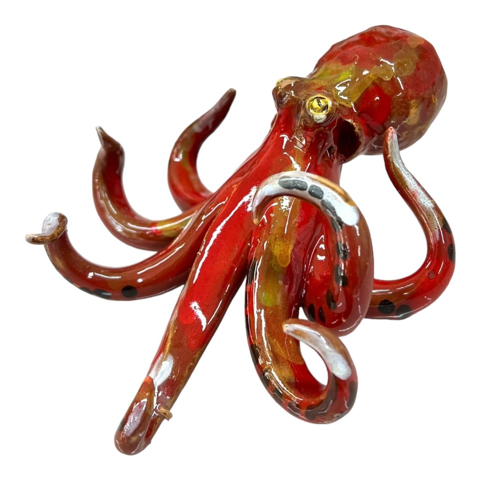 Polpo ornamentale in ceramica siciliana rosso Produzione artigianale di Palermo lunghezza 15cm