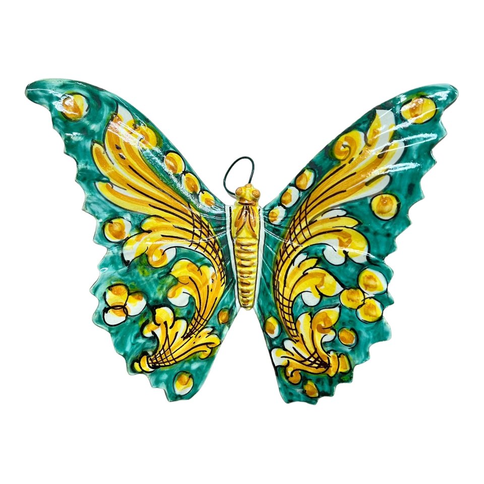 Farfalla da parete in ceramica siciliana decoro giallo ornato e verde Produzione artigianale di Caltagirone Larghezza 22cm