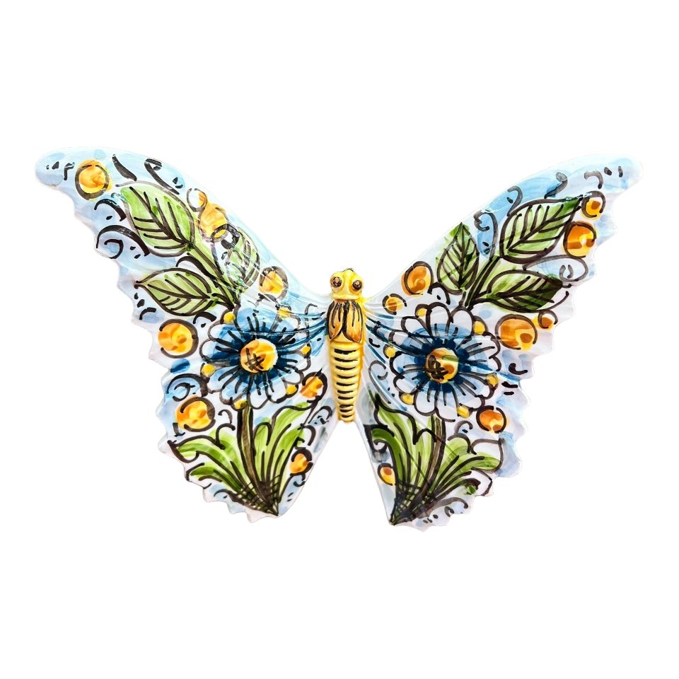 Farfalla da parete in ceramica siciliana decoro ornato floreale bianco Produzione artigianale di Caltagirone Larghezza 22cm