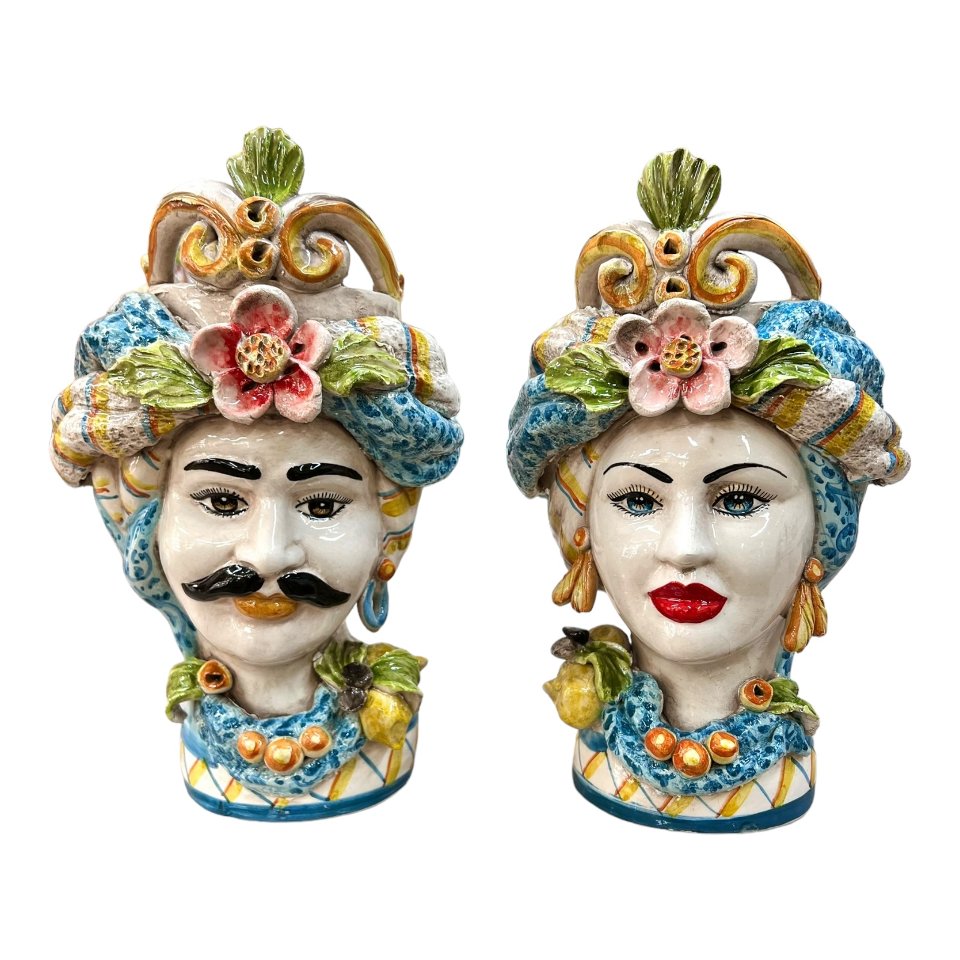 Teste di Moro con corona e turbante decorate con limoni Produzione artigianale di Caltagirone h.30cm
