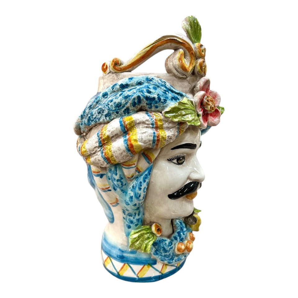 Teste di Moro con corona e turbante decorate con limoni Produzione artigianale di Caltagirone h.30 cm