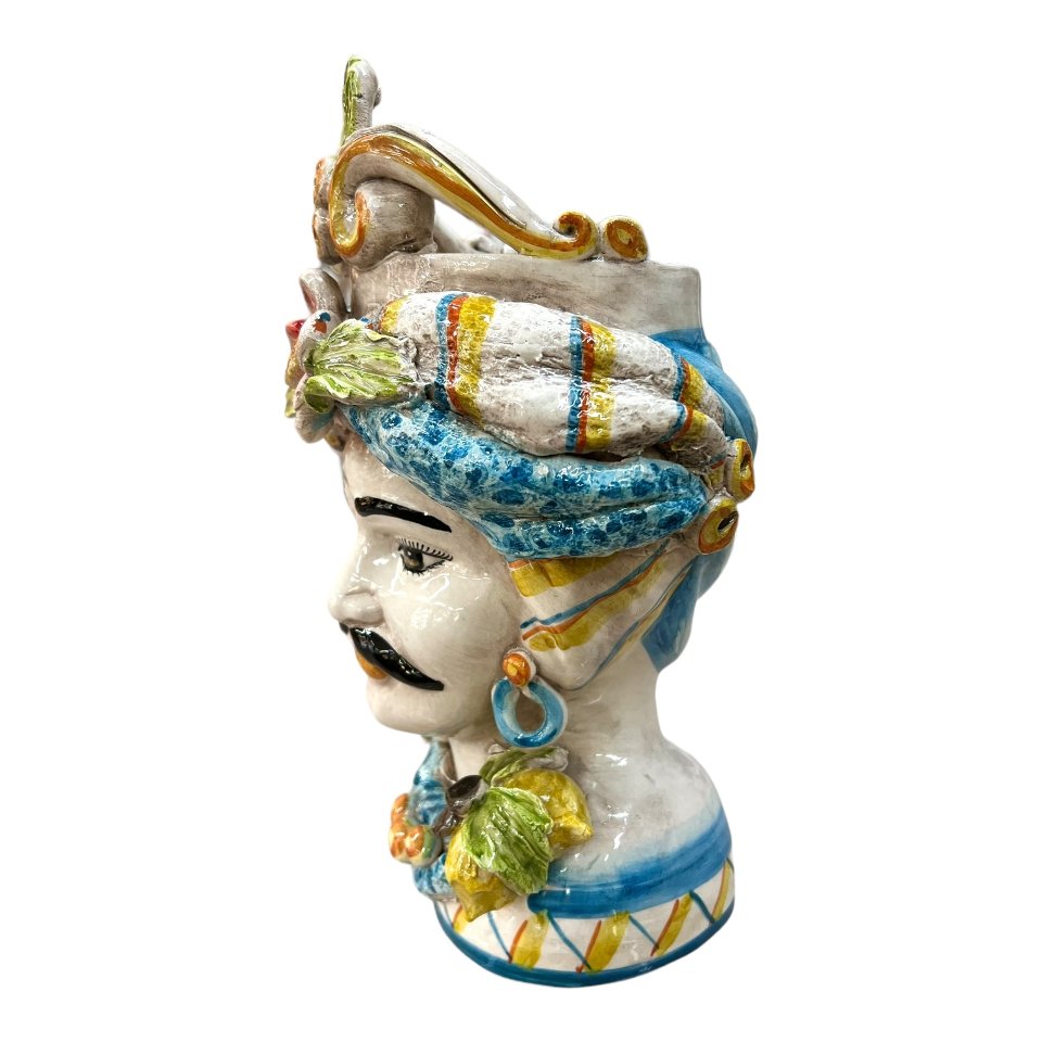 Teste di Moro con corona e turbante decorate con limoni Produzione artigianale di Caltagirone h.30 cm