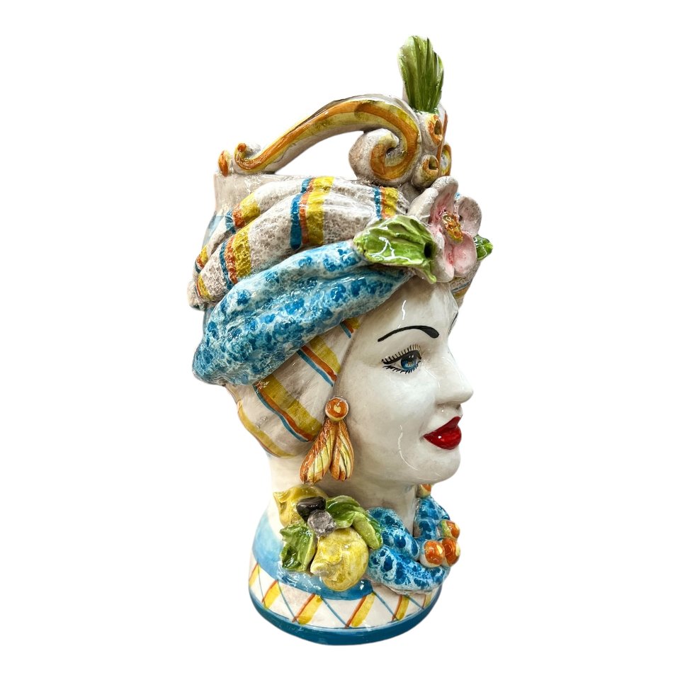 Teste di Moro con corona e turbante decorate con limoni Produzione artigianale di Caltagirone h.30 cm