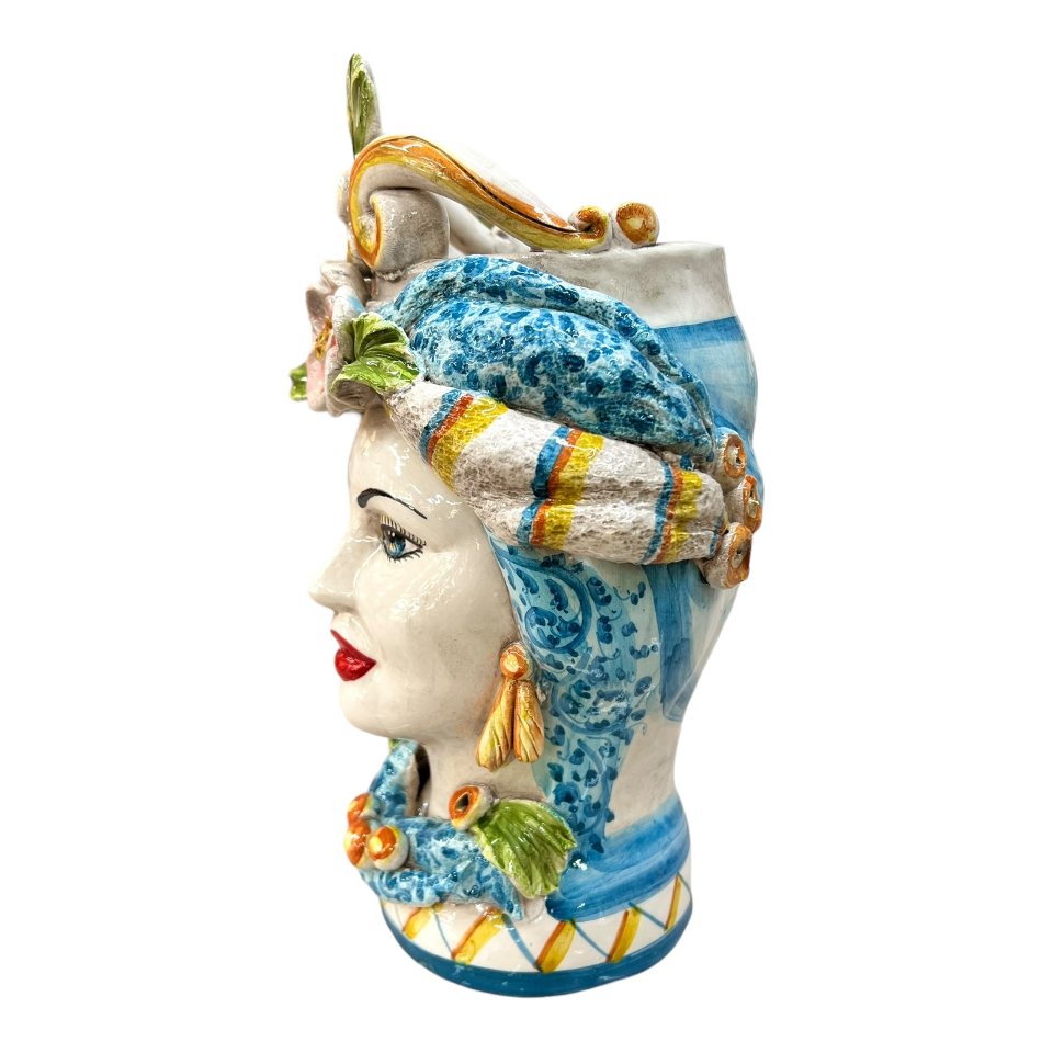 Teste di Moro con corona e turbante decorate con limoni Produzione artigianale di Caltagirone h.30 cm