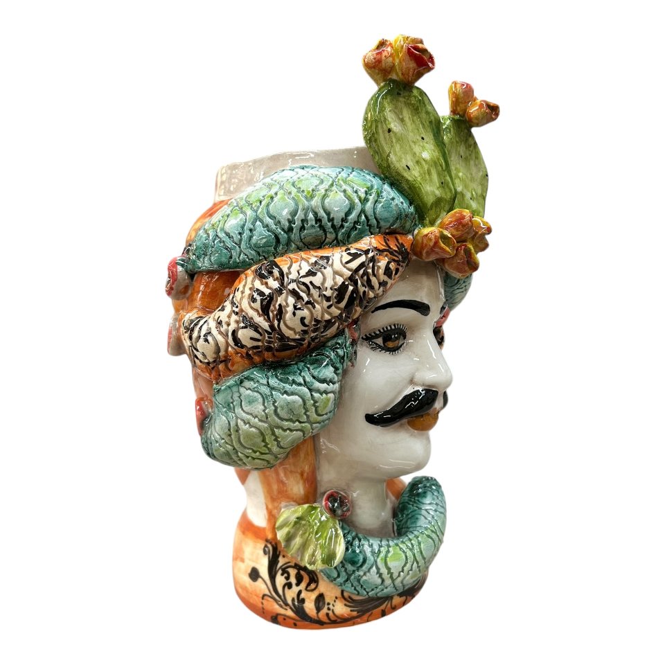 Teste di moro con fichi d'india e turbante decoro verde e arancione Produzione artigianale di Caltagirone h.30cm