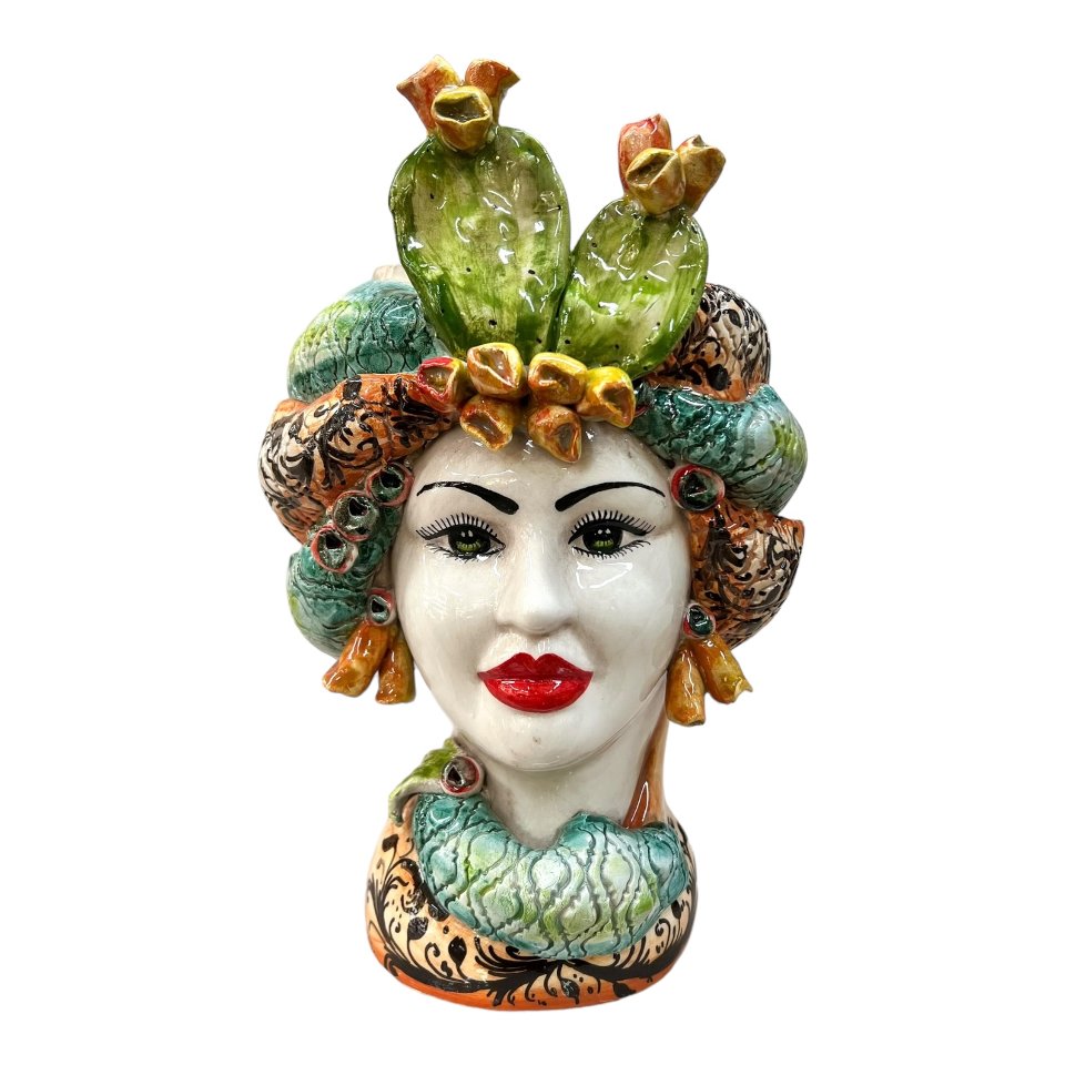 Teste di moro con fichi d'india e turbante decoro verde e arancione Produzione artigianale di Caltagirone h.30cm